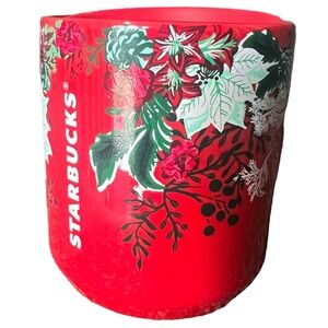 Starbucks‎ Coffee Mug Ceramic Cup w/Lid Red Poinsettia Holiday 2022 8 oz.